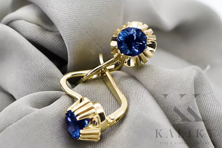 Сережки Вінтаж стиль Сапфір 14K Жовте золото vec027y